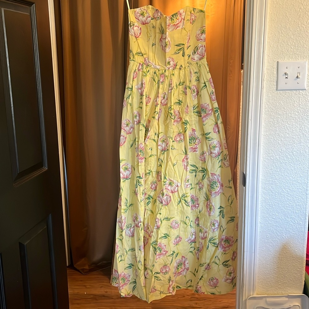Linen strapless, floral maxi dress French connection